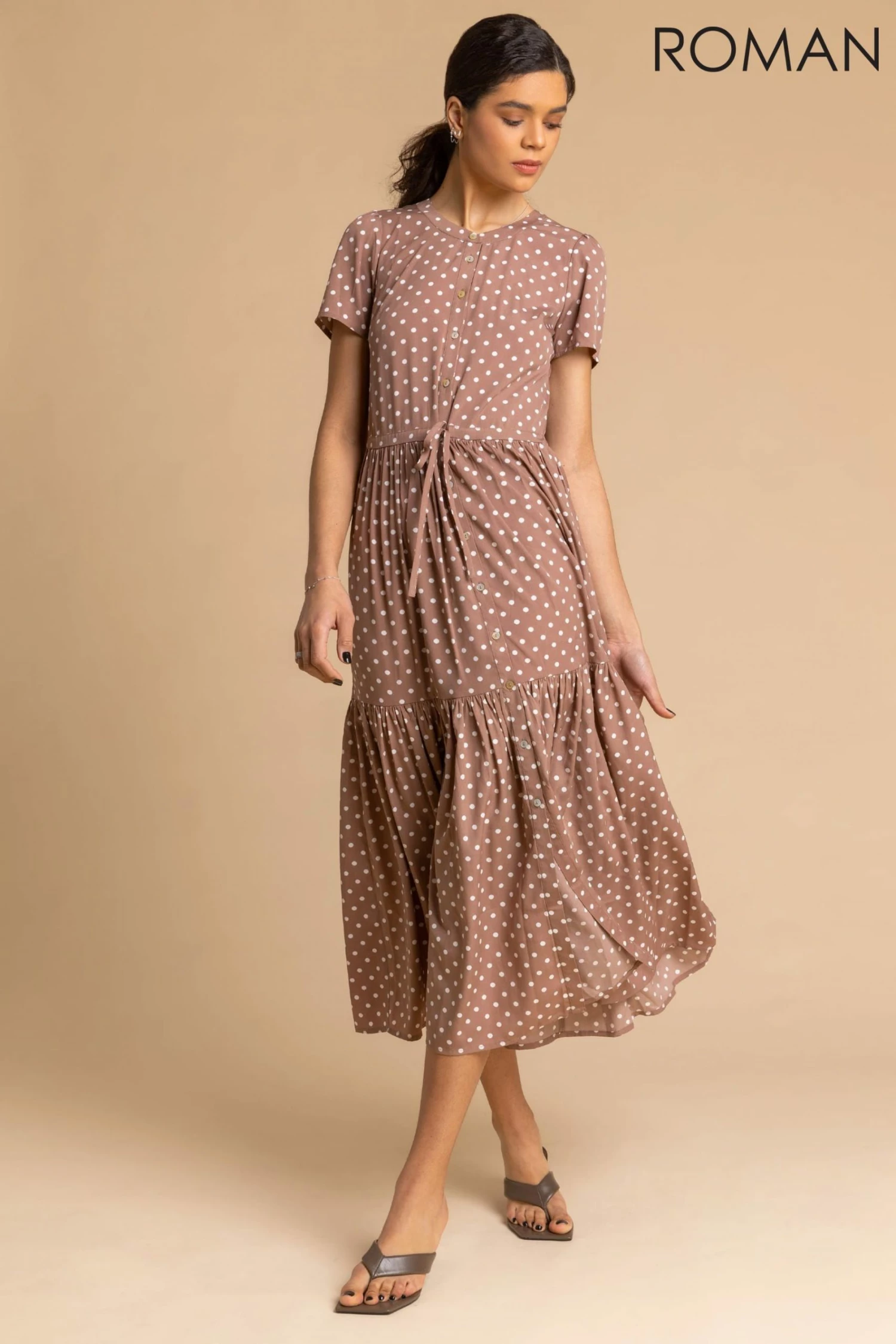 Roman Brown Spot Print Tiered Midi Shirt Dress 5 Roman Brown Spot Print Tiered Midi Shirt Dress - Image 3