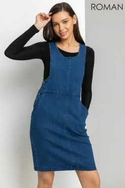 Roman Blue Denim Buttoned Pinafore Dress