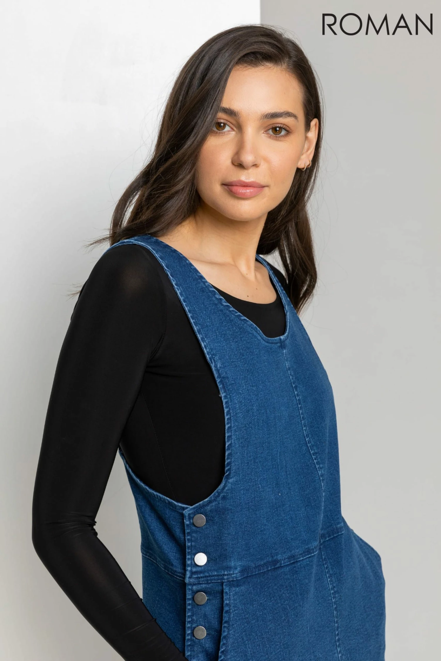 Roman Blue Denim Buttoned Pinafore Dress 6 Roman Blue Denim Buttoned Pinafore Dress - Image 4