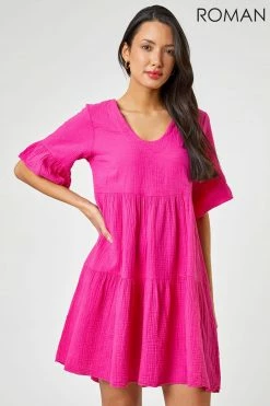 Roman Pink Textured Tiered Smock Dress