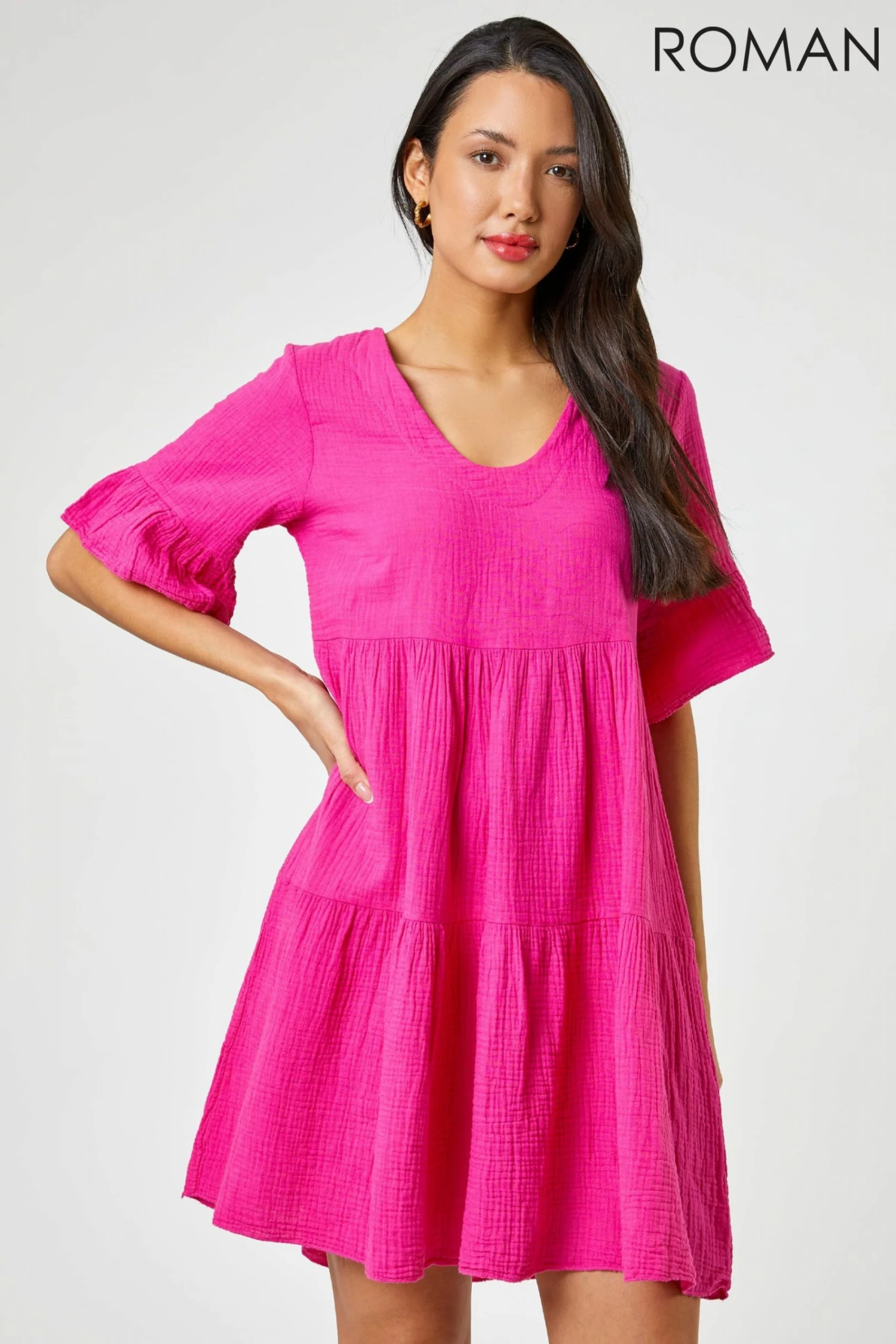 Roman Pink Textured Tiered Smock Dress 3 Roman Pink Textured Tiered Smock Dress