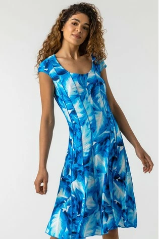 Roman Blue Leaf Print Panel Dress 7 Roman Blue Leaf Print Panel Dress - Image 5