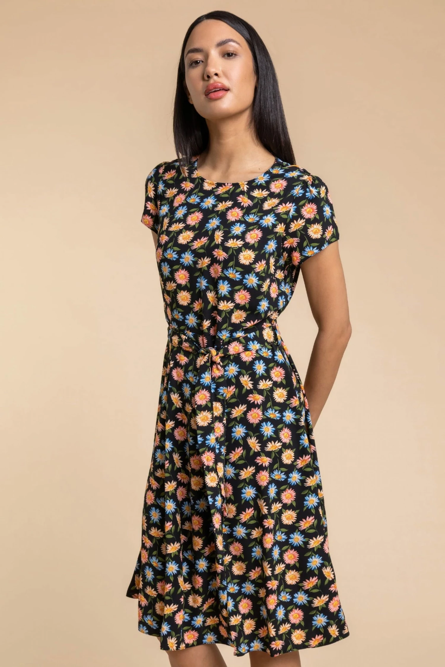 Roman Black Floral Print Back Detail Belted Dress 3 Roman Black Floral Print Back Detail Belted Dress