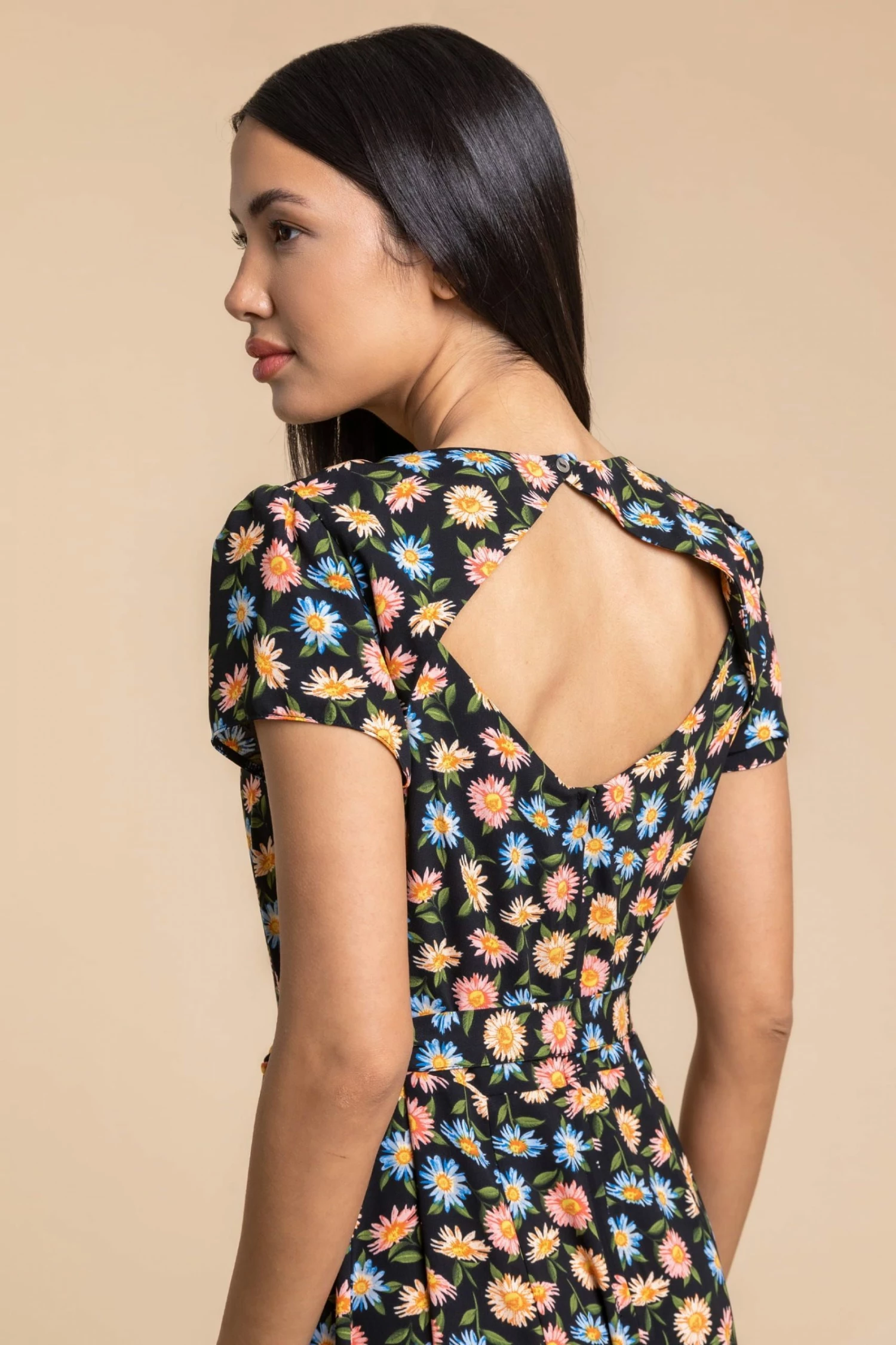 Roman Black Floral Print Back Detail Belted Dress 5 Roman Black Floral Print Back Detail Belted Dress - Image 3