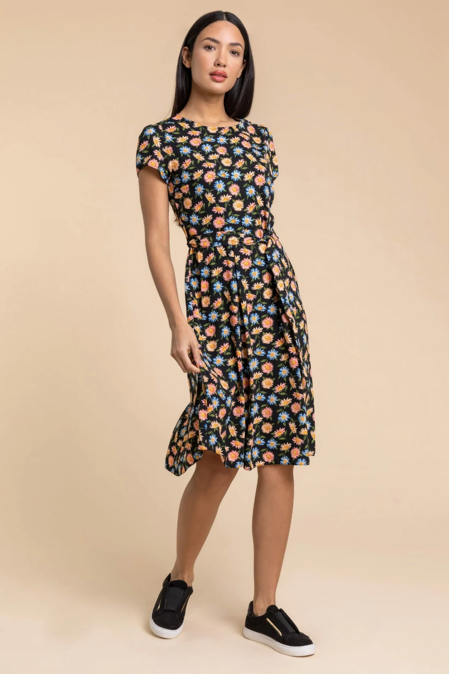 Roman Black Floral Print Back Detail Belted Dress 6 Roman Black Floral Print Back Detail Belted Dress - Image 4