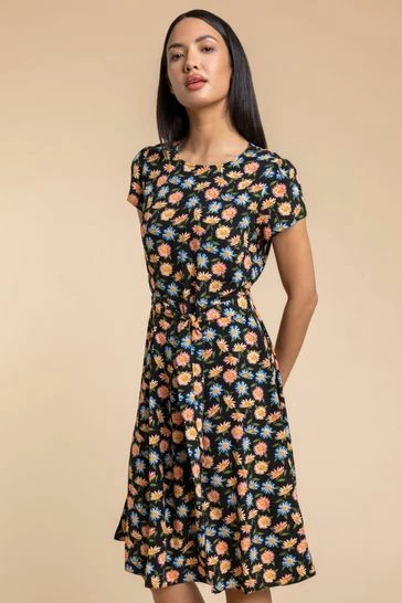 Roman Black Floral Print Back Detail Belted Dress 7 Roman Black Floral Print Back Detail Belted Dress - Image 5
