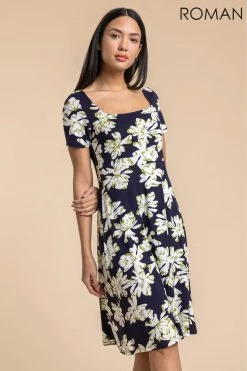 Roman Blue Floral Print Square Neck Dress