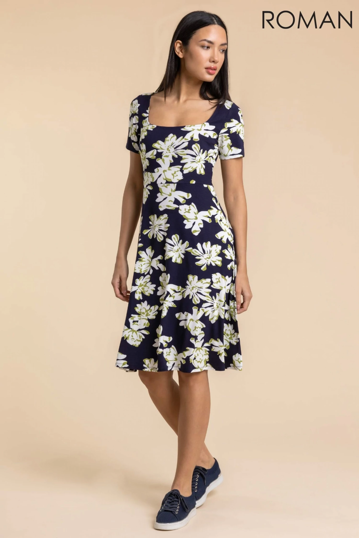 Roman Blue Floral Print Square Neck Dress 5 Roman Blue Floral Print Square Neck Dress - Image 3