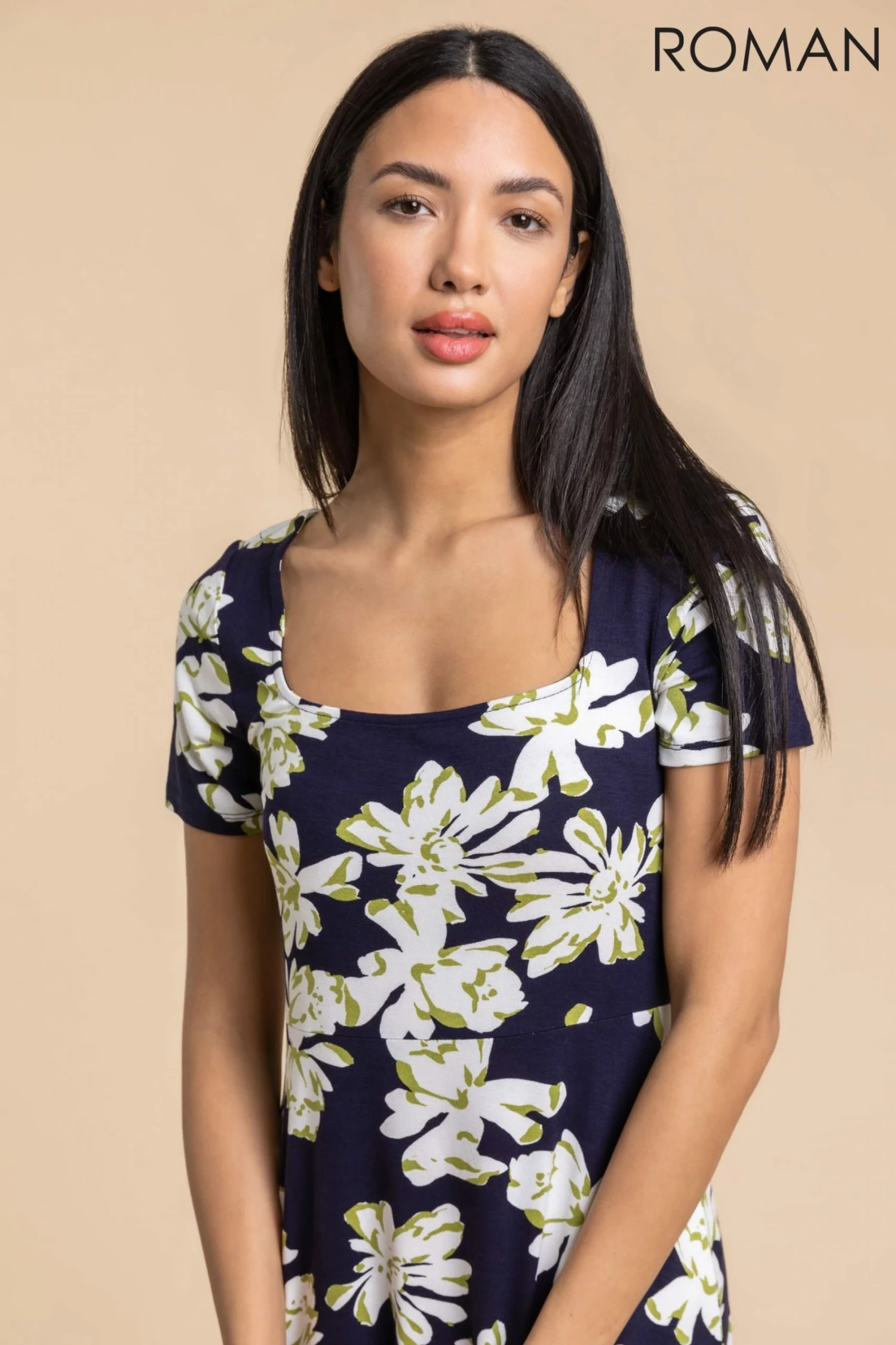 Roman Blue Floral Print Square Neck Dress 6 Roman Blue Floral Print Square Neck Dress - Image 4