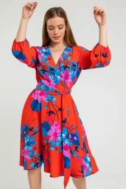 Roman Red Petite Floral Fit & Flare Dress