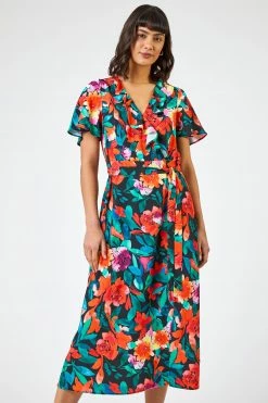 Roman Black Floral Print Frill Wrap Midi Dress