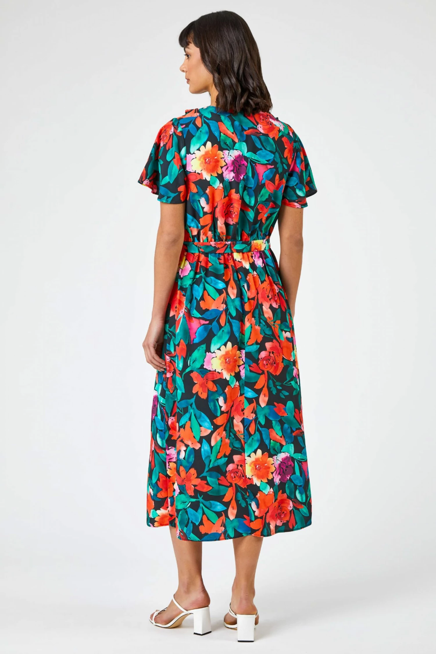 Roman Black Floral Print Frill Wrap Midi Dress 4 Roman Black Floral Print Frill Wrap Midi Dress - Image 2