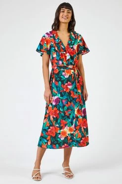 Roman Black Floral Print Frill Wrap Midi Dress 9 Roman Black Floral Print Frill Wrap Midi Dress -Roman Sales Shop unnamed file 1982