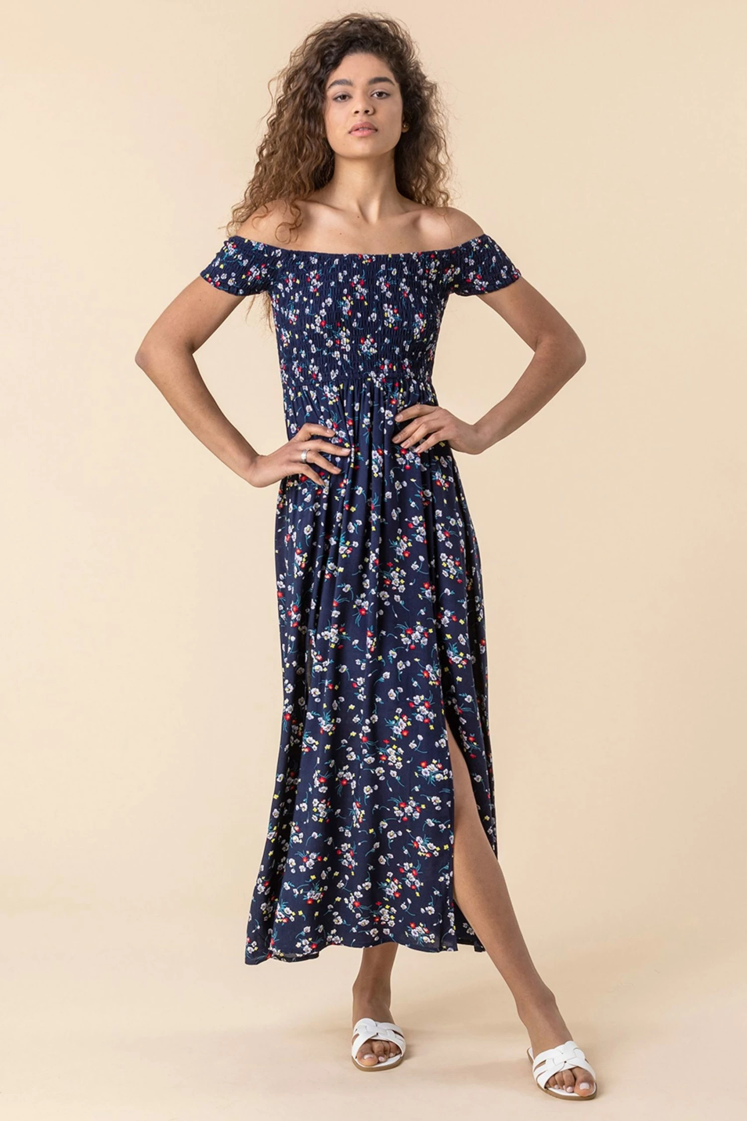 Roman Navy Floral Shirred Floral Print Bardot Dress 3 Roman Navy Floral Shirred Floral Print Bardot Dress