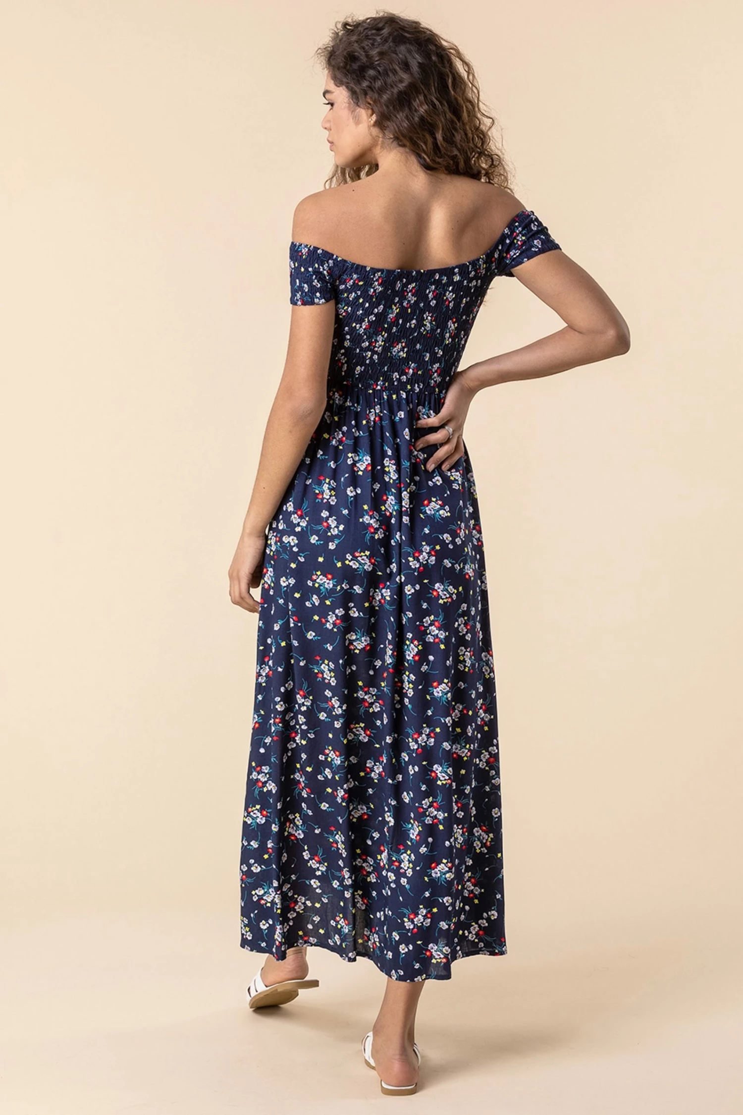 Roman Navy Floral Shirred Floral Print Bardot Dress 4 Roman Navy Floral Shirred Floral Print Bardot Dress - Image 2