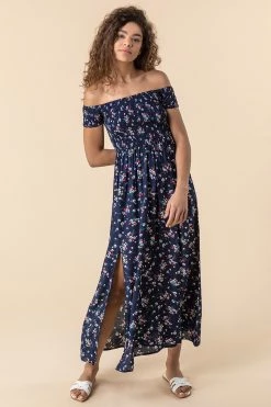 Roman Navy Floral Shirred Floral Print Bardot Dress 9 Roman Navy Floral Shirred Floral Print Bardot Dress -Roman Sales Shop unnamed file 1987