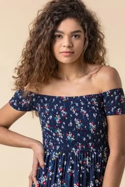 Roman Navy Floral Shirred Floral Print Bardot Dress 10 Roman Navy Floral Shirred Floral Print Bardot Dress -Roman Sales Shop unnamed file 1988