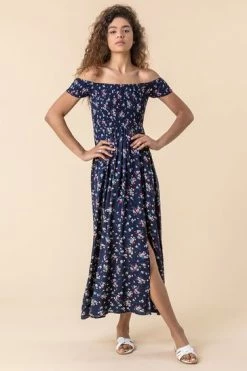 Roman Navy Floral Shirred Floral Print Bardot Dress 11 Roman Navy Floral Shirred Floral Print Bardot Dress -Roman Sales Shop unnamed file 1989