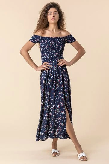 Roman Navy Floral Shirred Floral Print Bardot Dress 7 Roman Navy Floral Shirred Floral Print Bardot Dress - Image 5