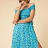 Roman Blue Shirred Ditsy Floral Print Bardot Dress 2 Roman Blue Shirred Ditsy Floral Print Bardot Dress -Roman Sales Shop unnamed file 1990