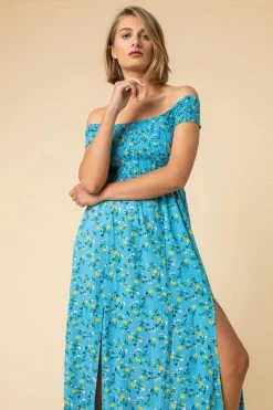 Roman Blue Shirred Ditsy Floral Print Bardot Dress