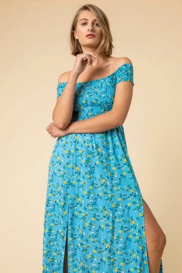 Roman Blue Shirred Ditsy Floral Print Bardot Dress 7 Roman Blue Shirred Ditsy Floral Print Bardot Dress - Image 5