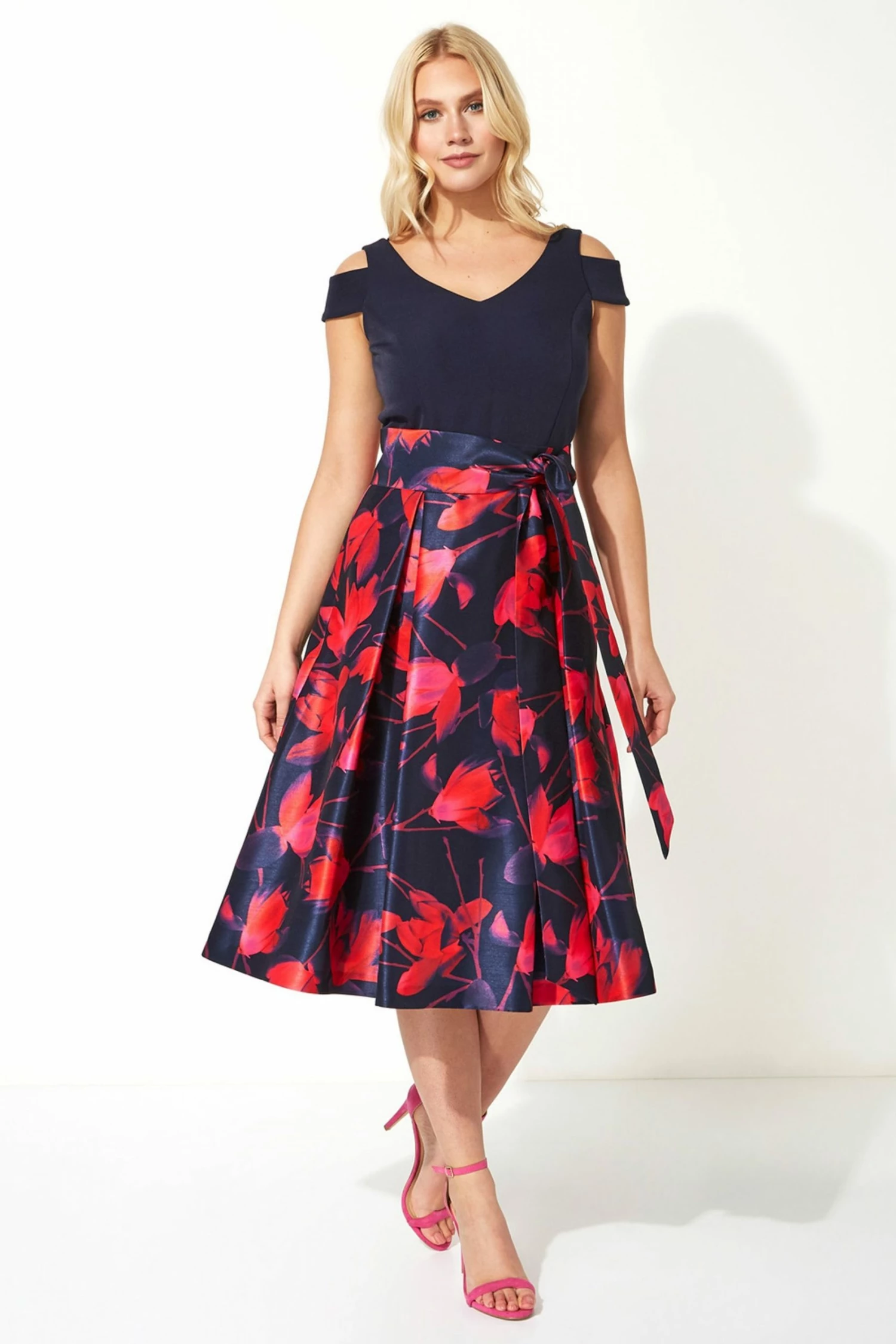 Roman Navy Floral Print Cold Shoulder Midi Dress 3 Roman Navy Floral Print Cold Shoulder Midi Dress