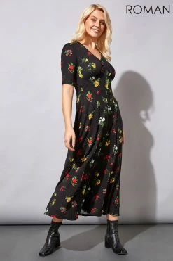 Roman Black Midi Floral Tea Dress