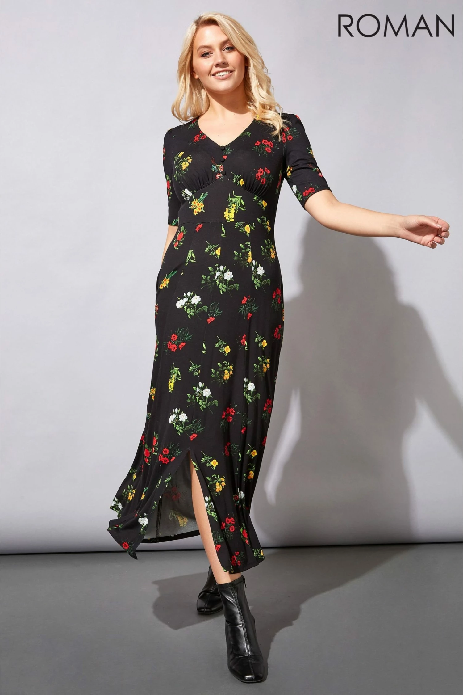 Roman Black Midi Floral Tea Dress 5 Roman Black Midi Floral Tea Dress - Image 3