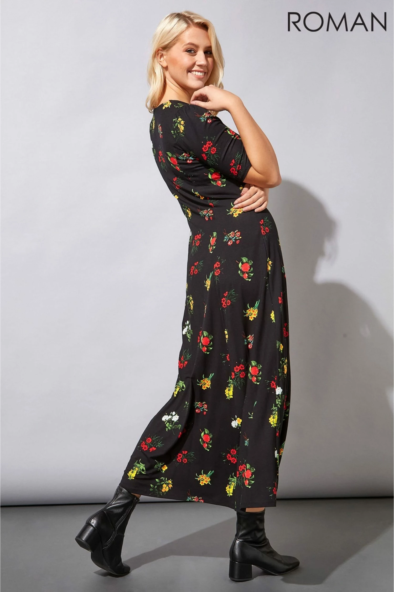 Roman Black Midi Floral Tea Dress 6 Roman Black Midi Floral Tea Dress - Image 4
