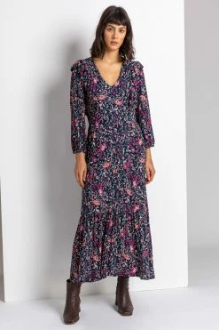 Roman Purple Paisley Print Frill Detail Midi Dress