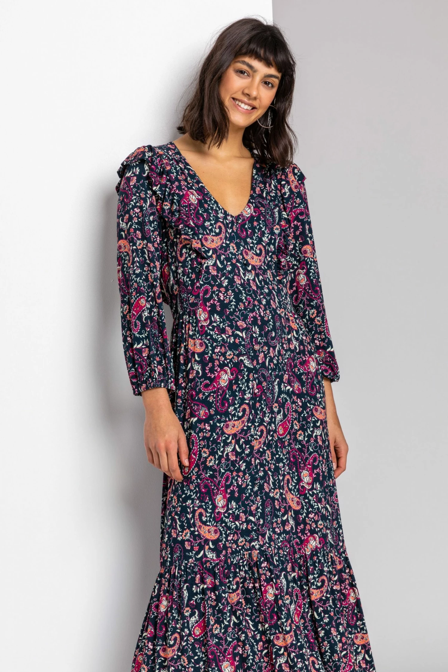 Roman Purple Paisley Print Frill Detail Midi Dress 5 Roman Purple Paisley Print Frill Detail Midi Dress - Image 3