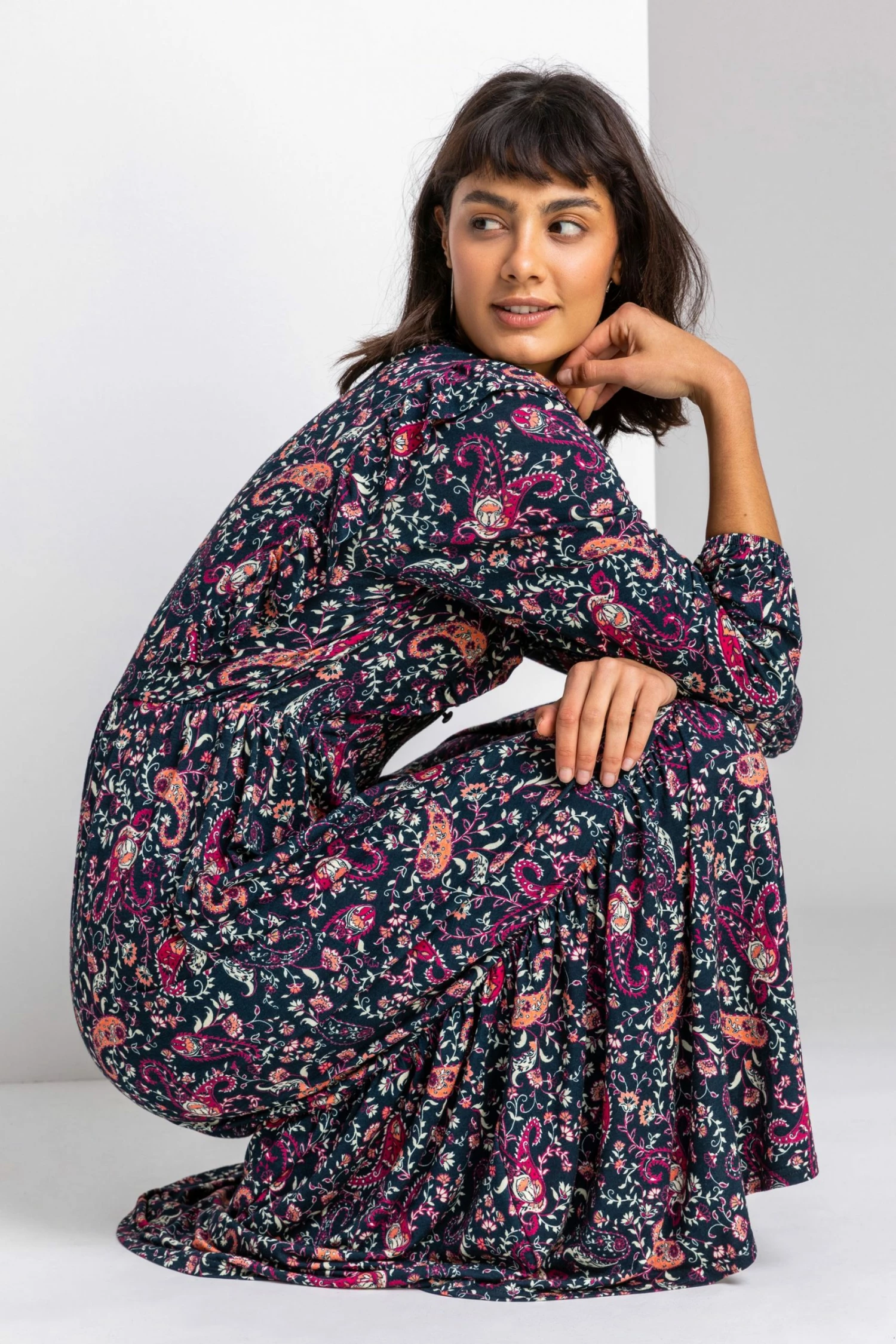 Roman Purple Paisley Print Frill Detail Midi Dress 6 Roman Purple Paisley Print Frill Detail Midi Dress - Image 4