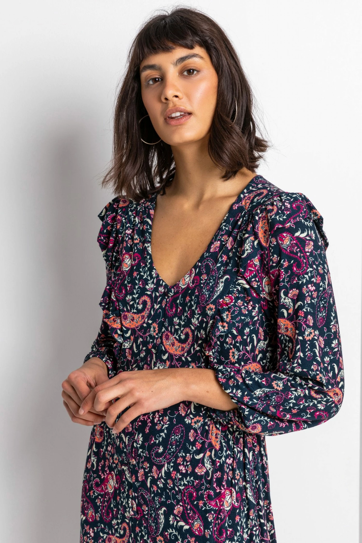 Roman Purple Paisley Print Frill Detail Midi Dress 7 Roman Purple Paisley Print Frill Detail Midi Dress - Image 5