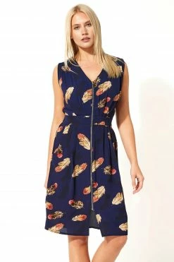 Roman Navy Zip Through Feather Print Dress