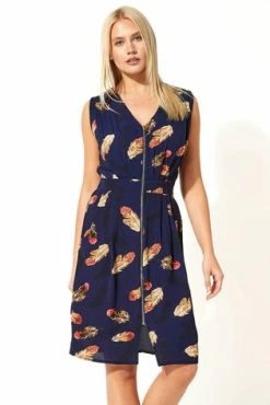 Roman Navy Zip Through Feather Print Dress -Roman Sales Shop unnamed file 2021
