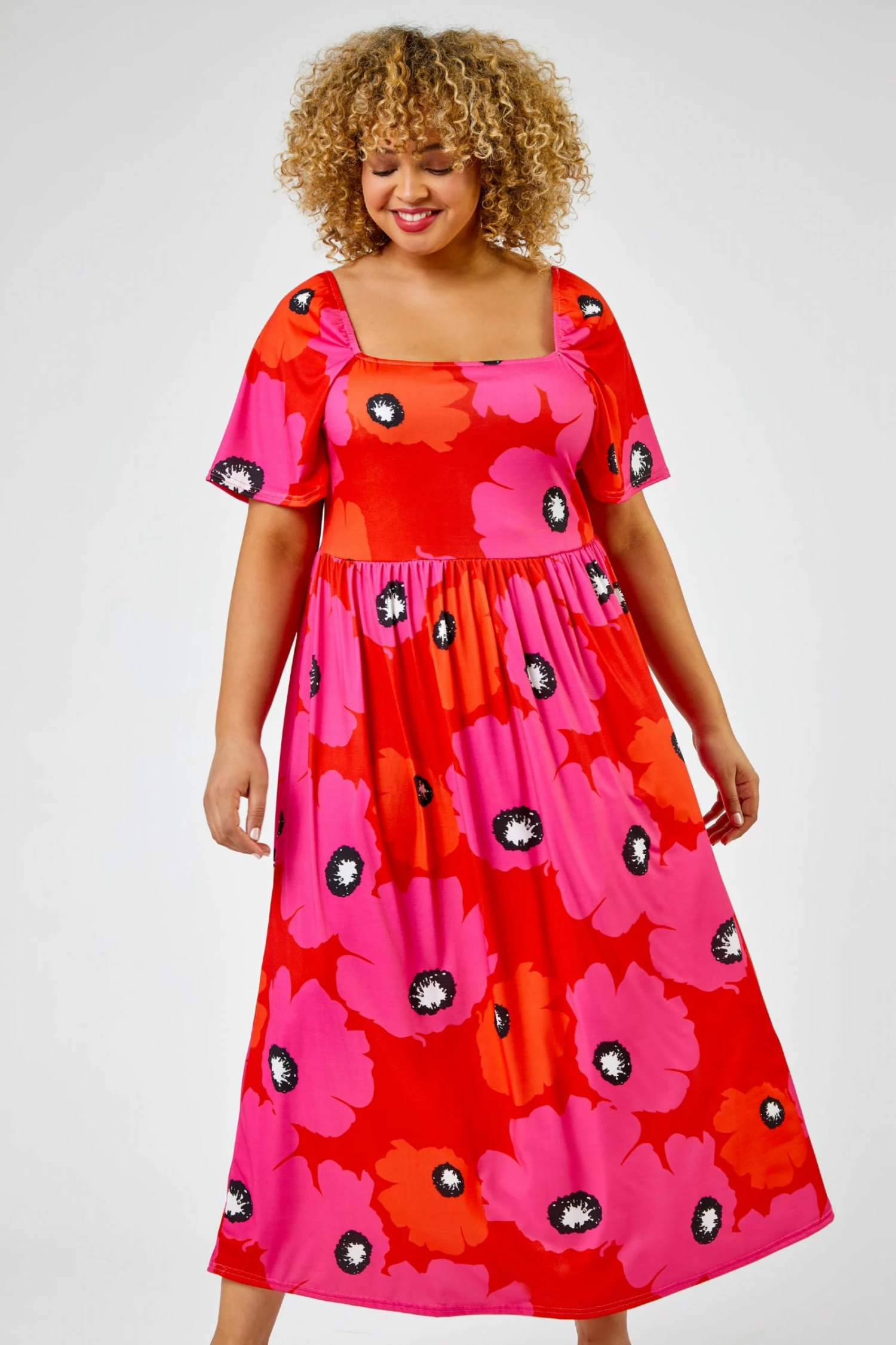 Roman Red & Pink Curve Floral Print Square Neck Midi Dress 3 Roman Red & Pink Curve Floral Print Square Neck Midi Dress