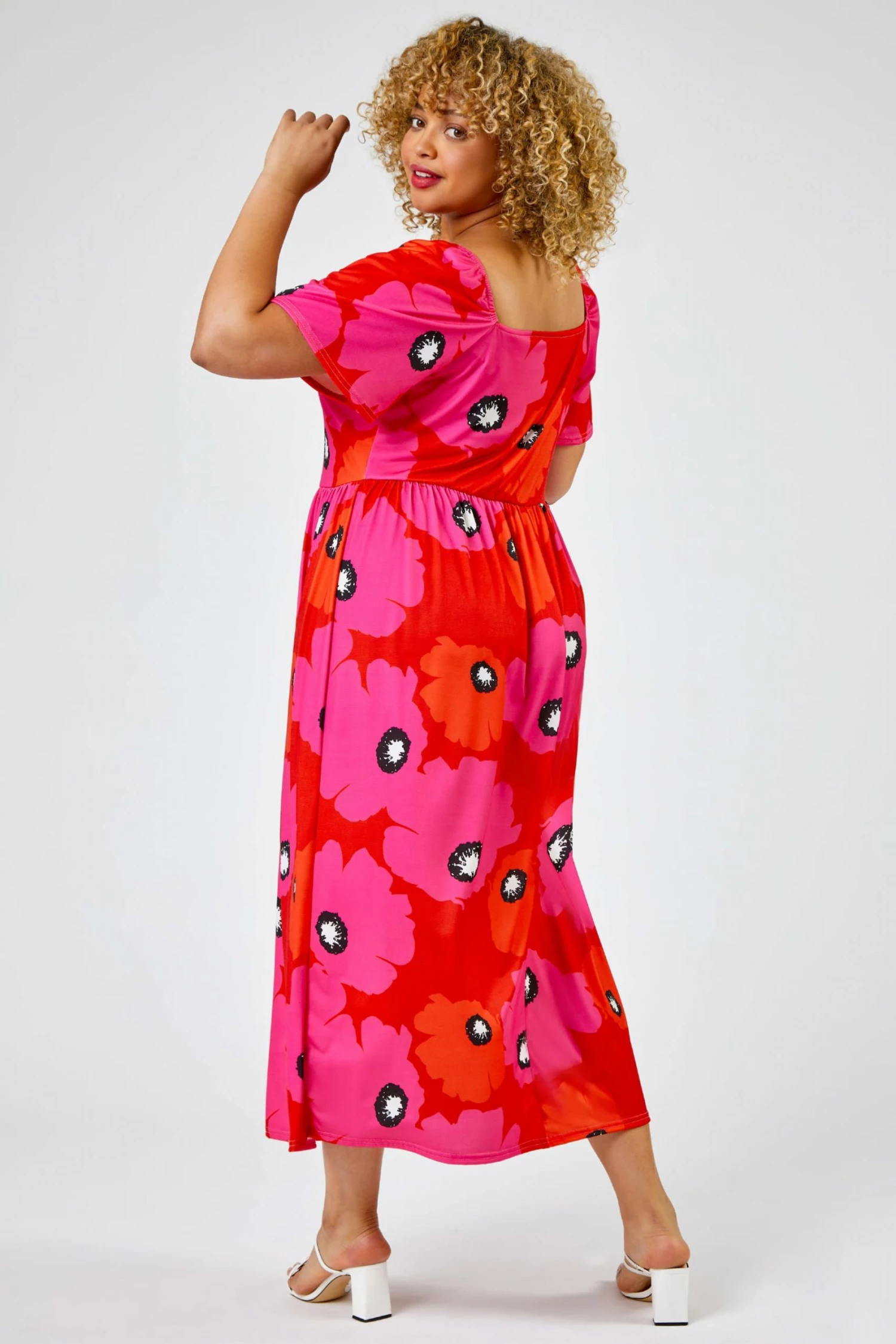 Roman Red & Pink Curve Floral Print Square Neck Midi Dress 4 Roman Red & Pink Curve Floral Print Square Neck Midi Dress - Image 2