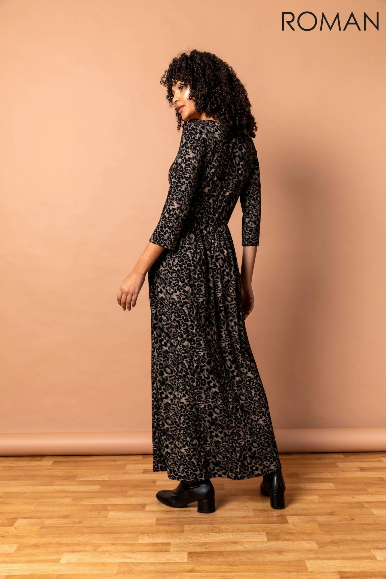 Roman Black Animal Print Gathered Maxi Dress 4 Roman Black Animal Print Gathered Maxi Dress - Image 2