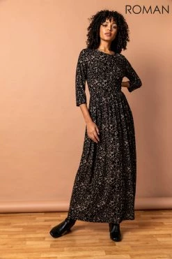 Roman Black Animal Print Gathered Maxi Dress 9 Roman Black Animal Print Gathered Maxi Dress -Roman Sales Shop unnamed file 204