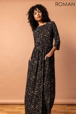 Roman Black Animal Print Gathered Maxi Dress 10 Roman Black Animal Print Gathered Maxi Dress -Roman Sales Shop unnamed file 205