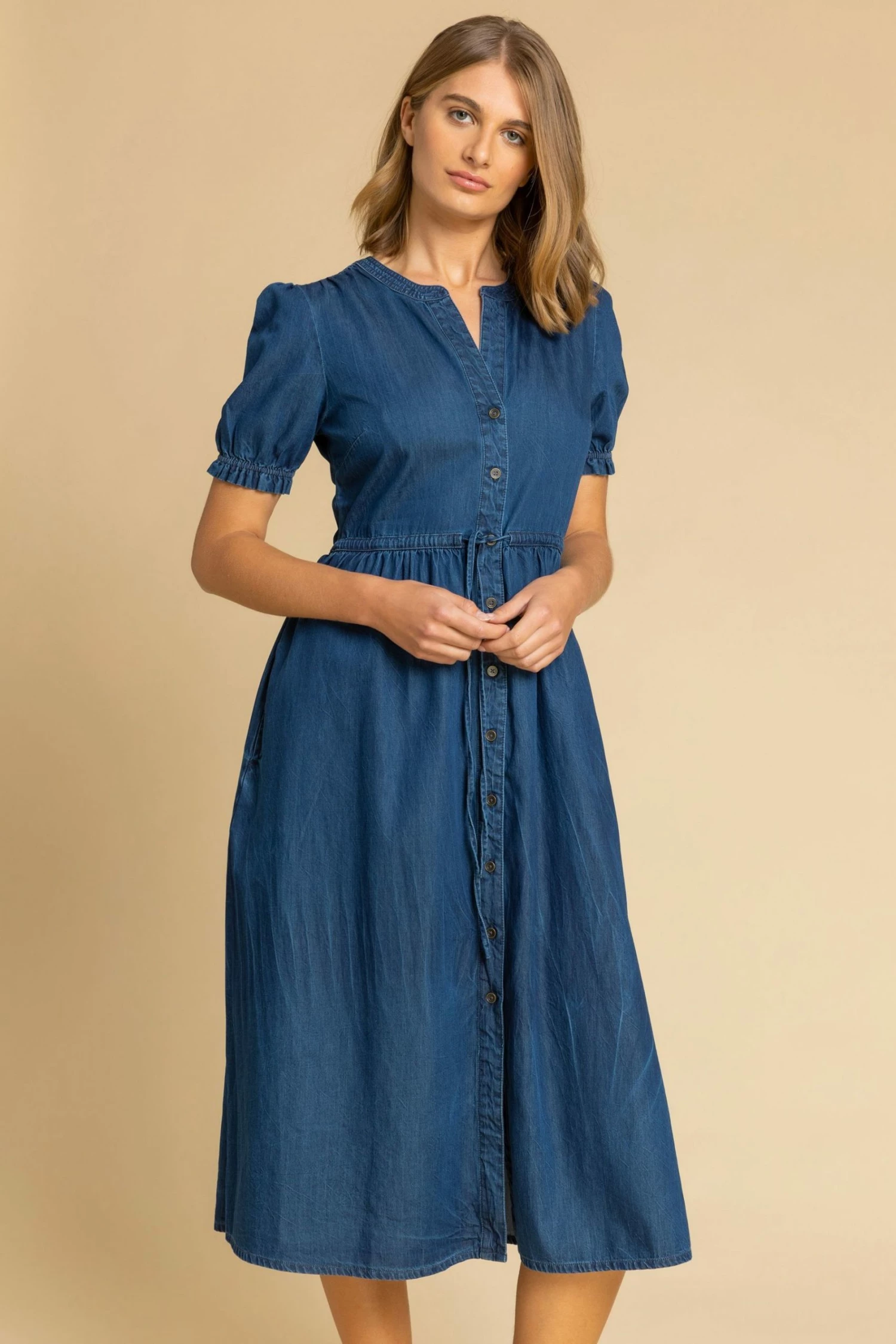 Roman Blue Puff Sleeve Denim Belted Midi Dress 3 Roman Blue Puff Sleeve Denim Belted Midi Dress