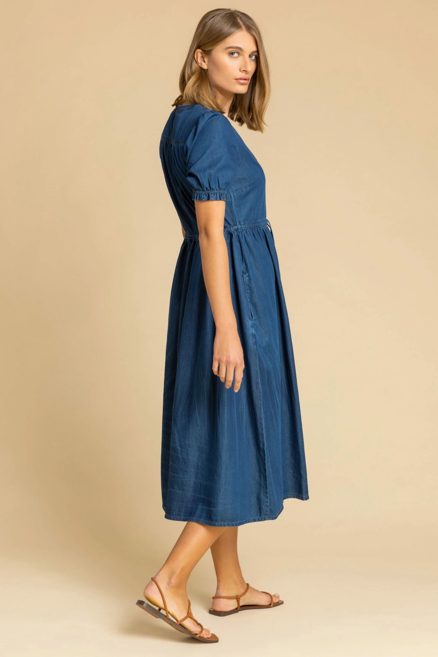Roman Blue Puff Sleeve Denim Belted Midi Dress 4 Roman Blue Puff Sleeve Denim Belted Midi Dress - Image 2
