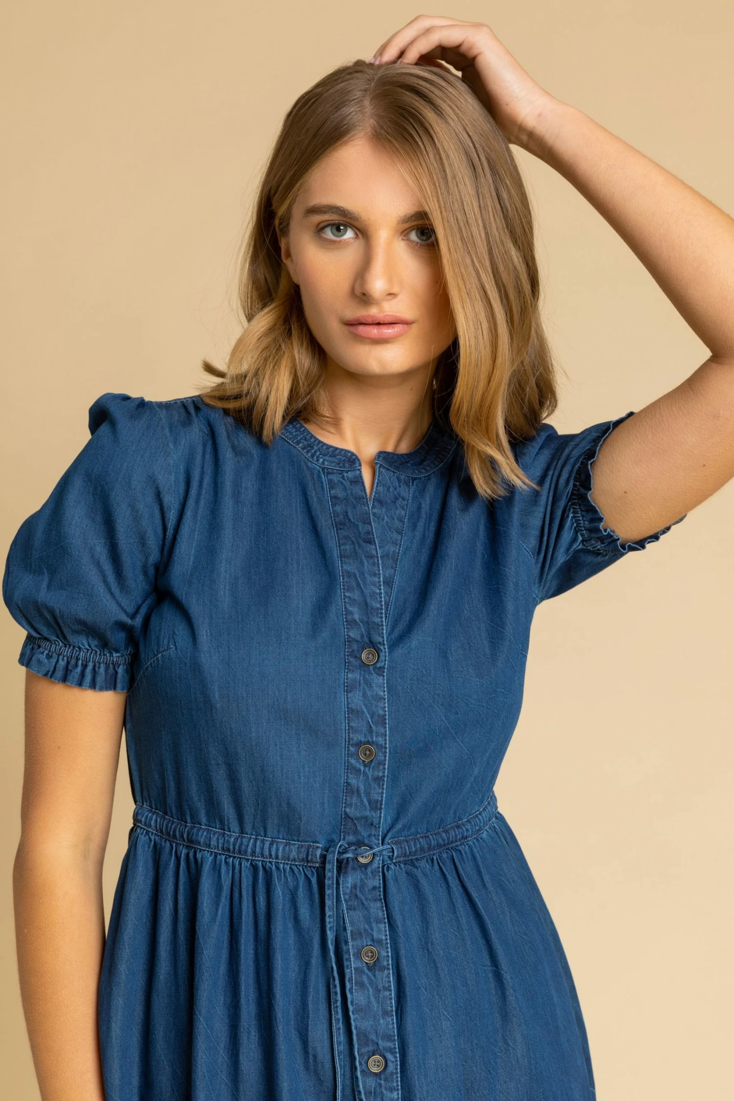 Roman Blue Puff Sleeve Denim Belted Midi Dress 6 Roman Blue Puff Sleeve Denim Belted Midi Dress - Image 4
