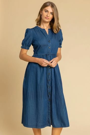 Roman Blue Puff Sleeve Denim Belted Midi Dress 7 Roman Blue Puff Sleeve Denim Belted Midi Dress - Image 5