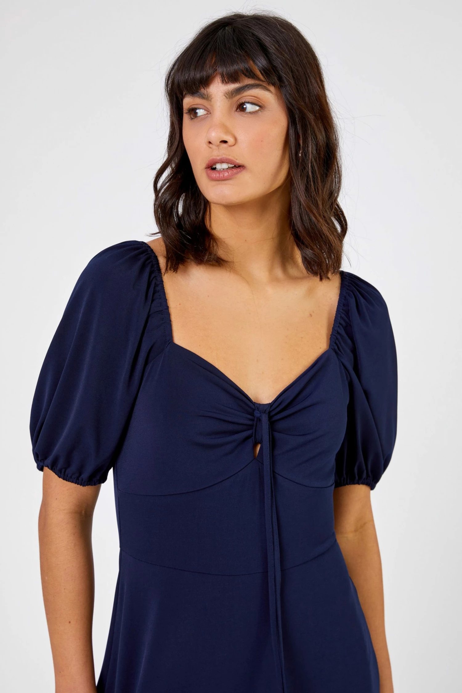 Roman Navy Blue Ruched Jersey Tie Detail Midi Dress 6 Roman Navy Blue Ruched Jersey Tie Detail Midi Dress - Image 4