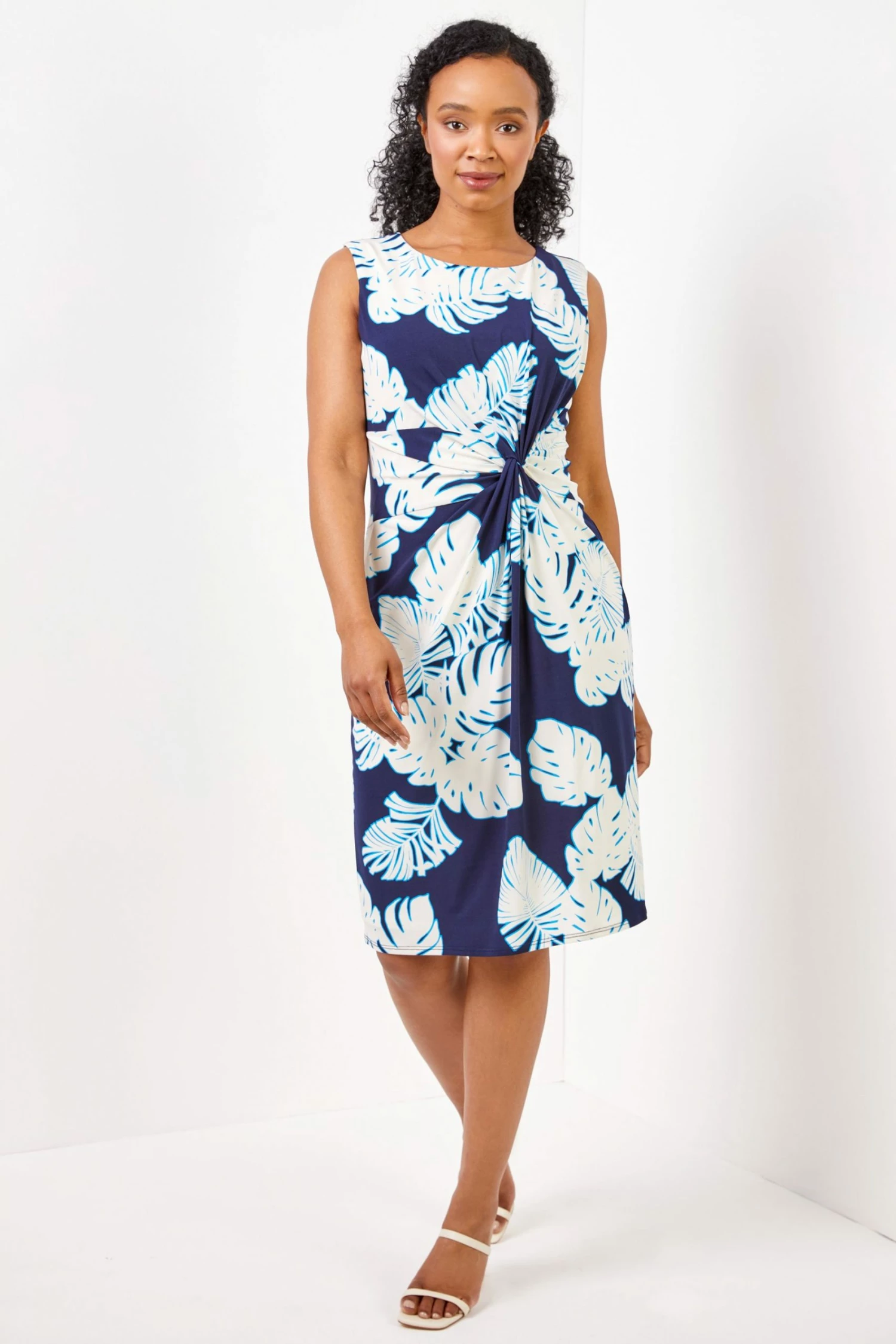 Roman Blue Petite Tropical Print Twist Waist Tunic Dress 4 Roman Blue Petite Tropical Print Twist Waist Tunic Dress - Image 2