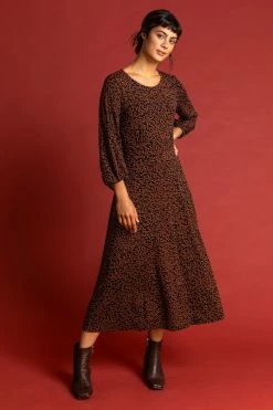 Roman Brown Ditsy Floral Print Midi Dress