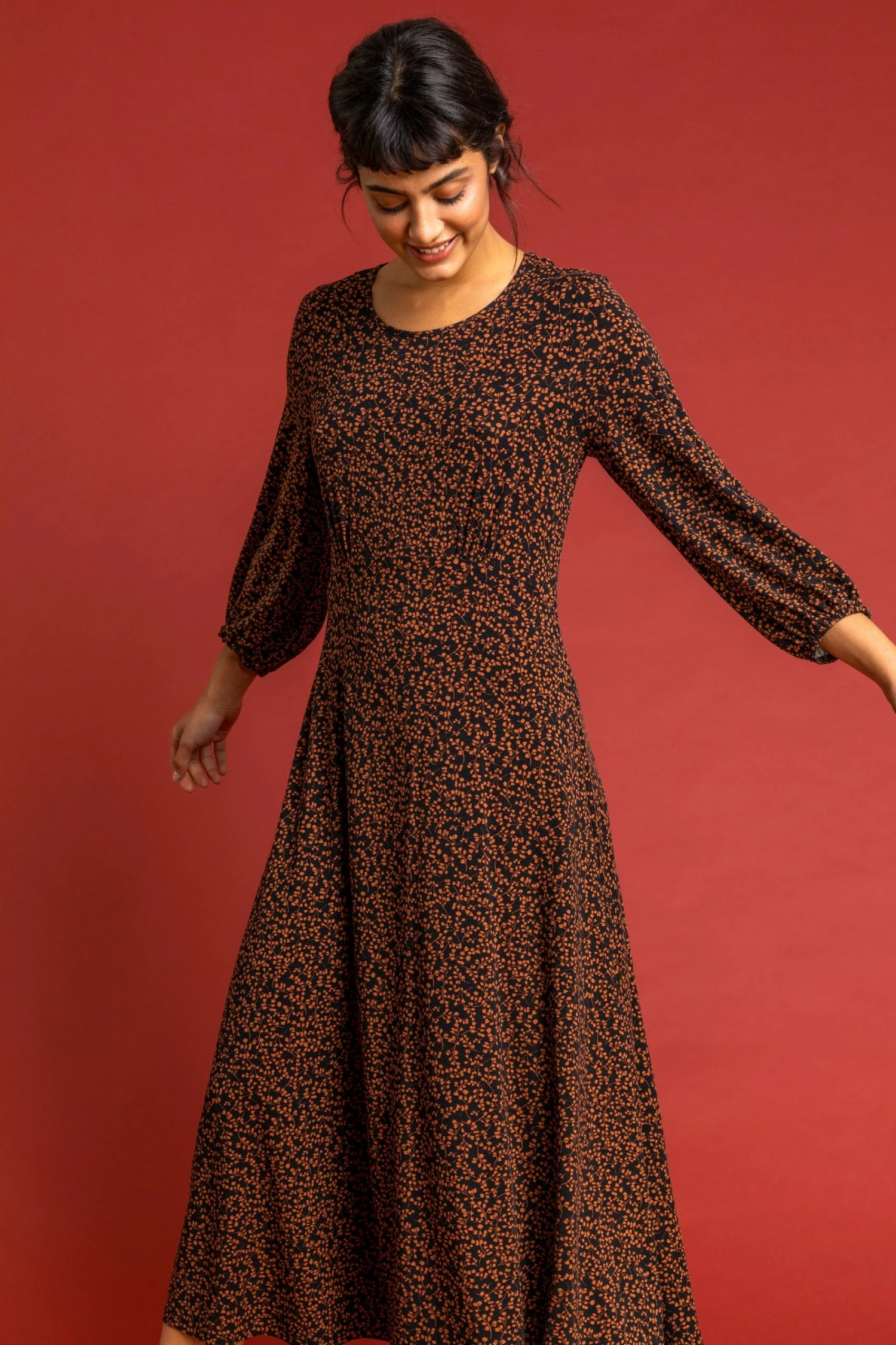 Roman Brown Ditsy Floral Print Midi Dress 5 Roman Brown Ditsy Floral Print Midi Dress - Image 3