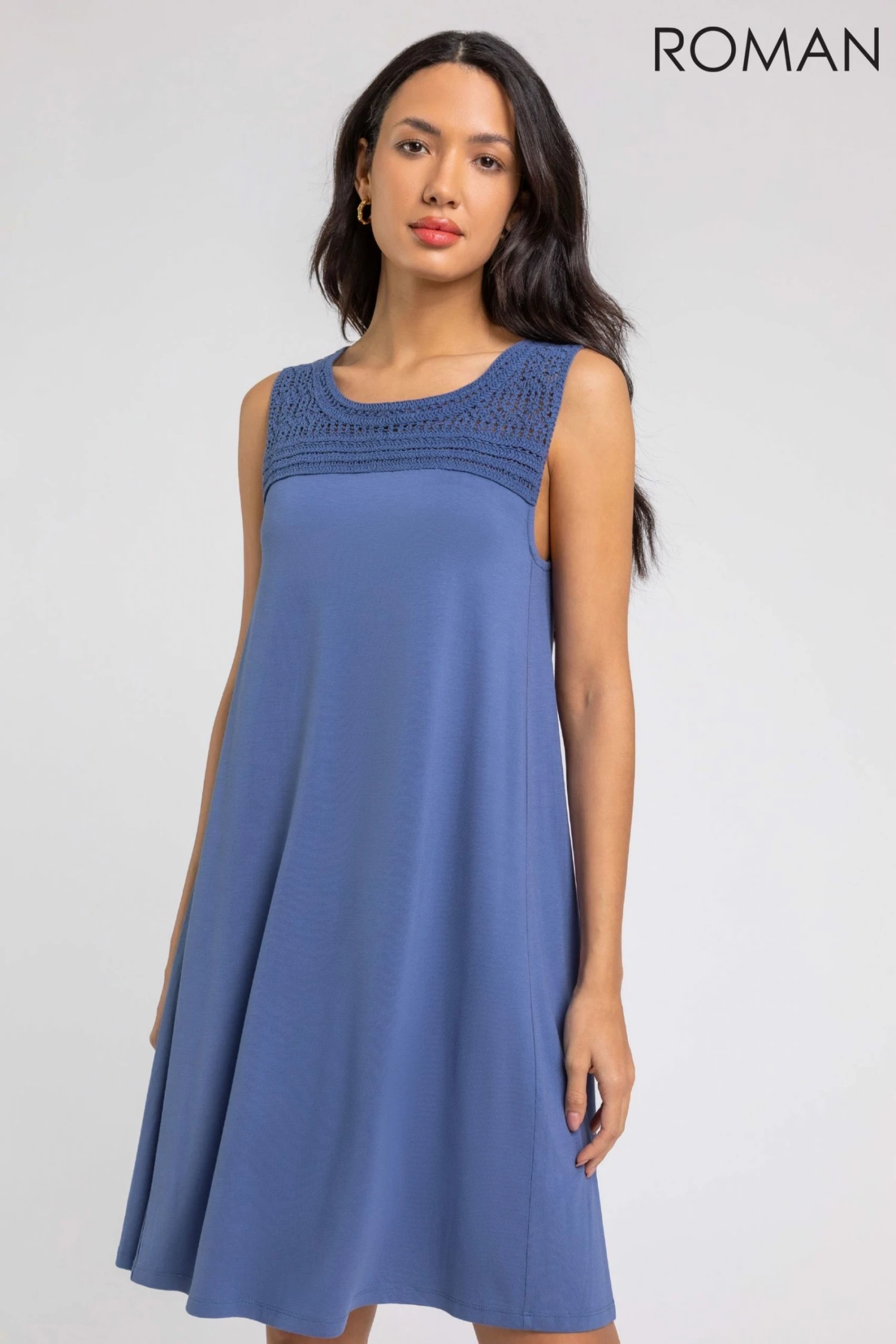 Roman Blue Crochet Yoke A-Line Jersey Dress 3 Roman Blue Crochet Yoke A-Line Jersey Dress